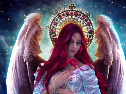 A fantasy scene featuring a sad, crying angel with vibrant red hair, holding a rose, set against a mystical backdrop. This HD wallpaper evokes emotion and beauty.