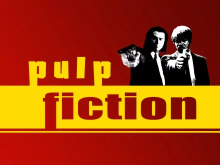 A vibrant HD desktop wallpaper featuring iconic characters from Pulp Fiction, highlighting the film's title in bold yellow and red colors.