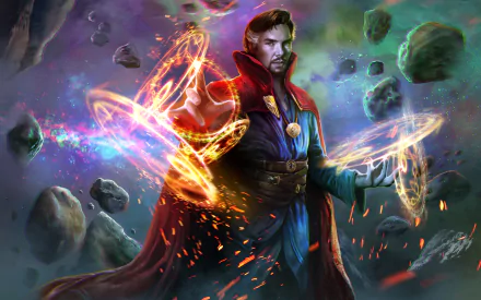 Benedict Cumberbatch as Doctor Strange conjures magical energy amid a cosmic backdrop in this vibrant HD desktop wallpaper. A striking blend of action and mystique.