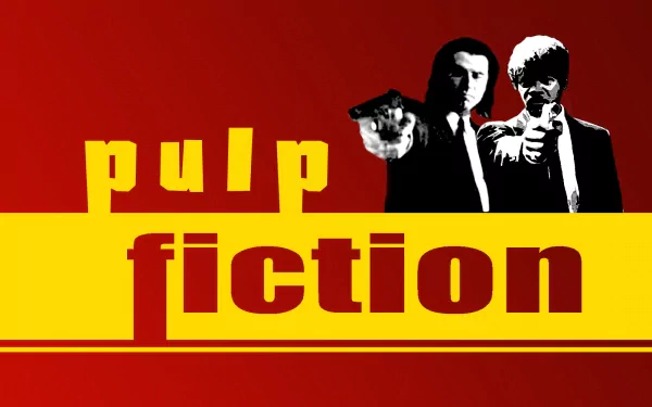 A vibrant HD desktop wallpaper featuring iconic characters from Pulp Fiction, highlighting the film's title in bold yellow and red colors.