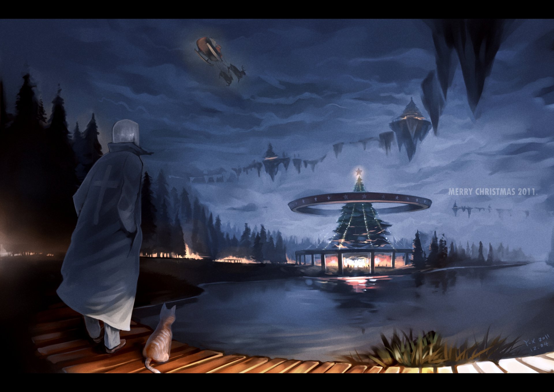 Original anime Christmas 2K Quad HD PC wallpaper: cloaked figure and cat on a dock gaze at a glowing Christmas tree inside a floating ring above a misty lake with hovering islands.