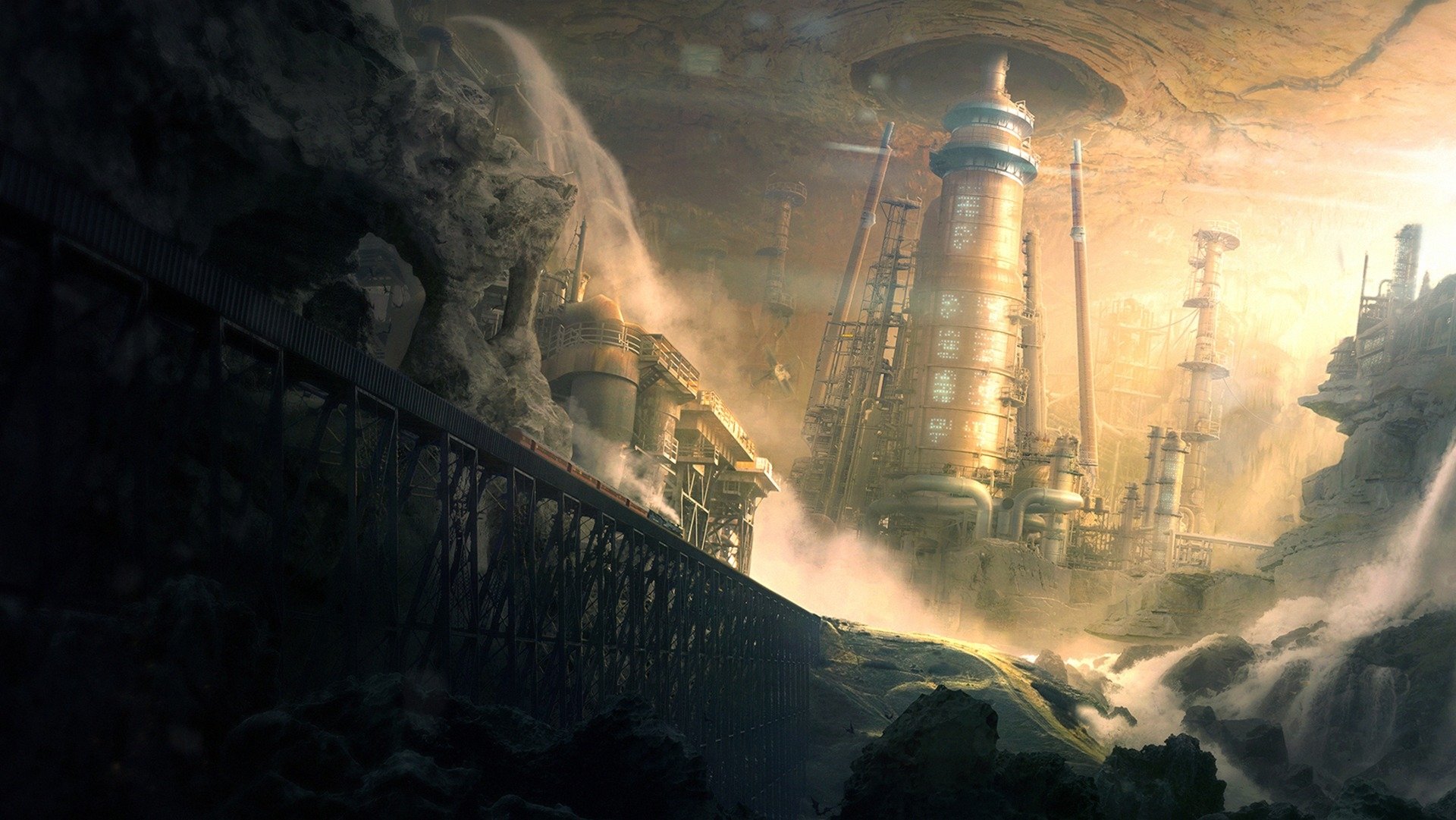 A dramatic underground Sci-Fi landscape featuring a towering futuristic building with mist and a waterfall cascading over rocky terrain, rendered in HD for a PC desktop wallpaper.