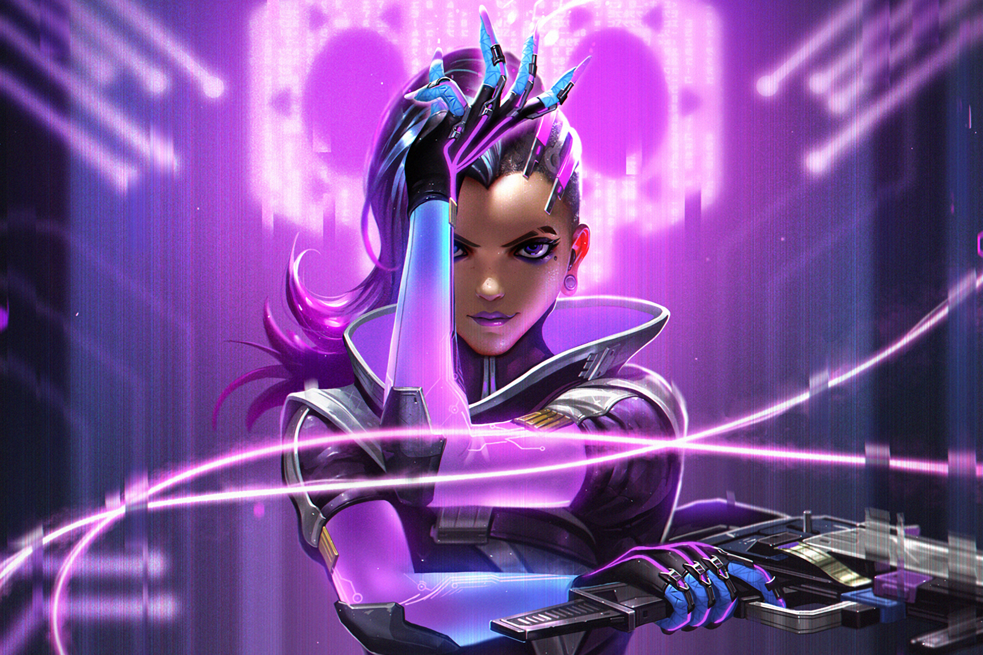 HD wallpaper and background featuring Sombra from the video game Overwatch, depicted in vibrant purple hues with digital effects in the background.