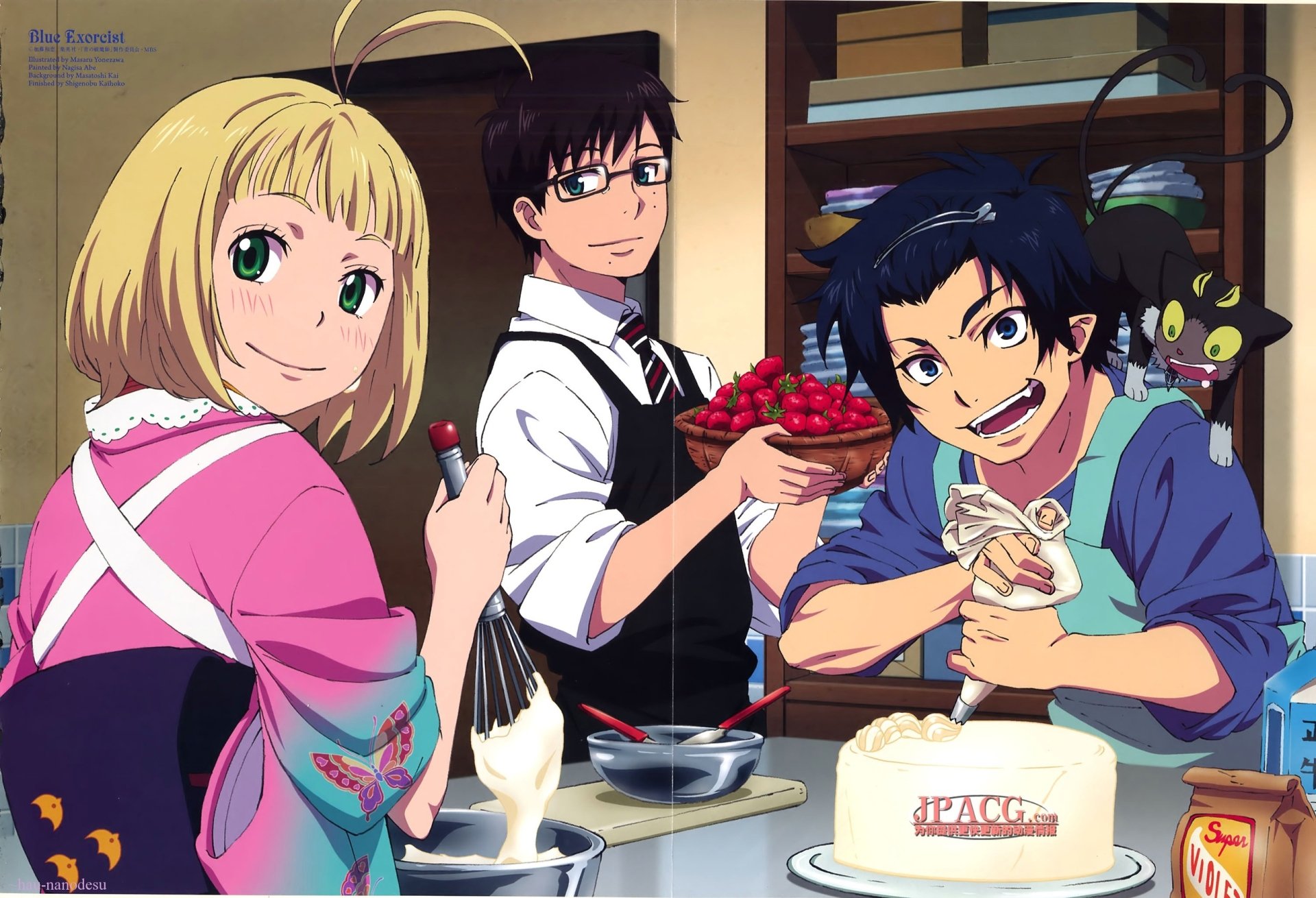 HD PC desktop wallpaper featuring characters from the anime Blue Exorcist, showing them baking together in a cozy kitchen scene.