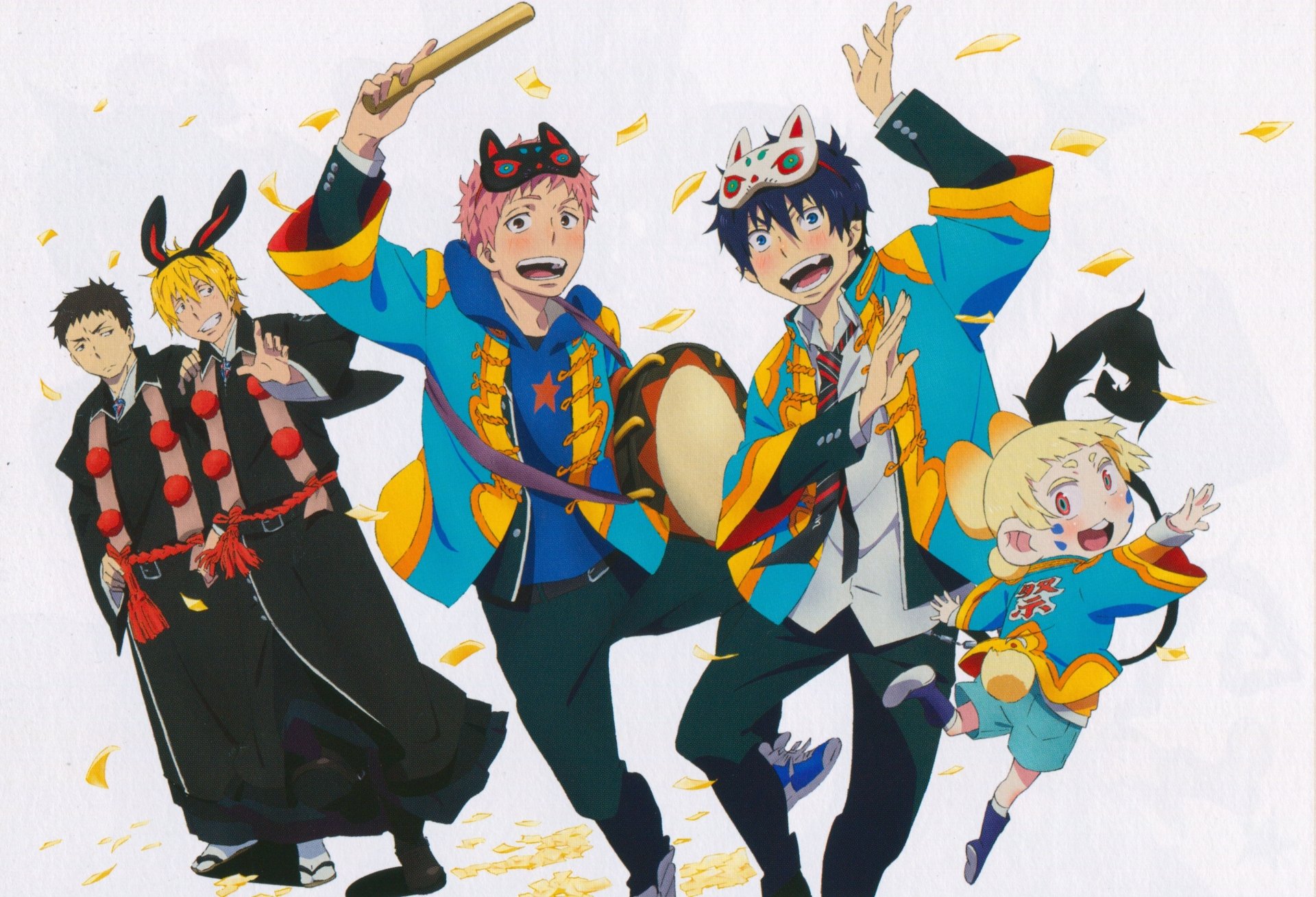 4K Ultra HD anime wallpaper featuring Blue Exorcist characters in colorful festival attire with masks and drums against a white background with falling leaves.