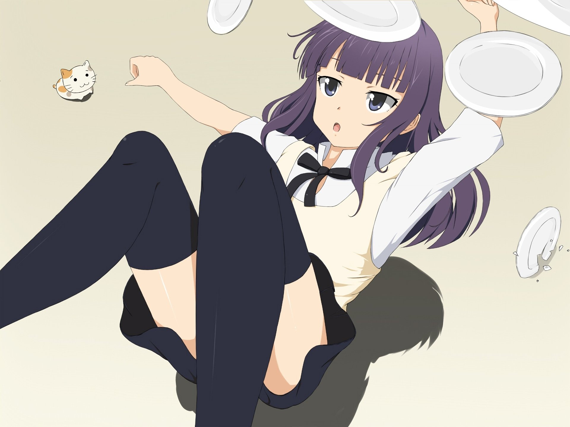 Anime Working!! HD PC desktop wallpaper: purple‑haired waitress in a maid‑style uniform and thigh‑highs caught mid‑fall, plates scattering against a pale background.