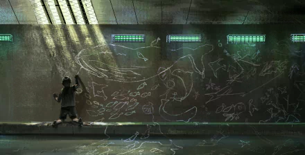 HD anime desktop wallpaper featuring an original artwork of a person drawing intricate sketches on a wall in a dimly lit room with green neon lights overhead.