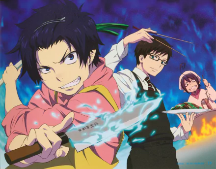 Blue Exorcist anime 4K Ultra HD PC desktop wallpaper showing a determined exorcist wielding a glowing blade, flanked by two allies amid swirling blue flames and a stormy backdrop.