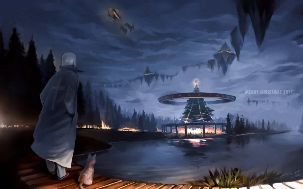 Original anime Christmas 2K Quad HD PC wallpaper: cloaked figure and cat on a dock gaze at a glowing Christmas tree inside a floating ring above a misty lake with hovering islands.