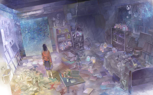 4K Ultra HD PC desktop wallpaper: anime room — a lone girl stands in a dreamy, cluttered studio with easel, bookshelves and glowing jars under blue-purple light.