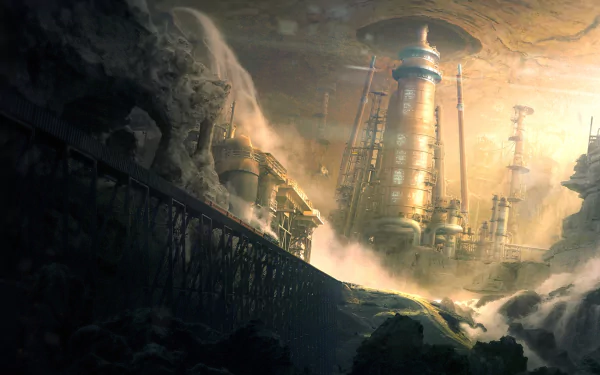 A dramatic underground Sci-Fi landscape featuring a towering futuristic building with mist and a waterfall cascading over rocky terrain, rendered in HD for a PC desktop wallpaper.