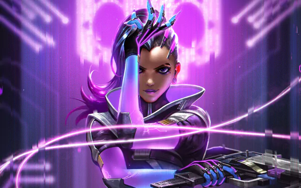 HD wallpaper and background featuring Sombra from the video game Overwatch, depicted in vibrant purple hues with digital effects in the background.