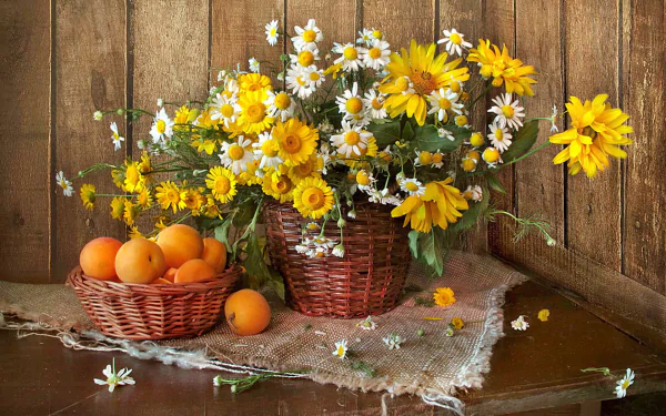 HD still life photography of yellow and white daisies arranged in a wicker vase, accompanied by a basket of fruit, set against a rustic wooden background.