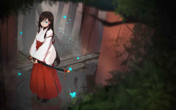Anime Original Miko Outfit Sword Butterfly HD Wallpaper | Background Image