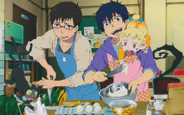 Anime scene from Blue Exorcist featuring characters cooking together in a cozy kitchen, rendered in 4K Ultra HD as a vibrant PC desktop wallpaper.