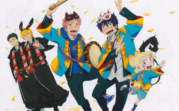 4K Ultra HD anime wallpaper featuring Blue Exorcist characters in colorful festival attire with masks and drums against a white background with falling leaves.