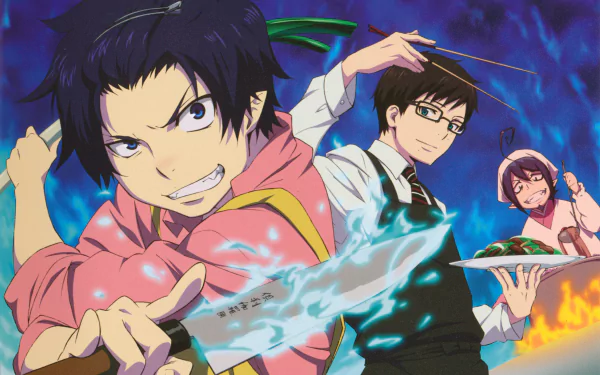 Blue Exorcist anime 4K Ultra HD PC desktop wallpaper showing a determined exorcist wielding a glowing blade, flanked by two allies amid swirling blue flames and a stormy backdrop.