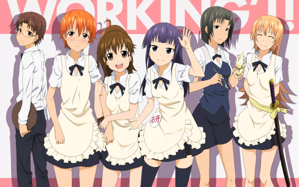 Anime Working!! HD PC desktop wallpaper/background: six restaurant staff in aprons and ties posing cheerfully before a pink WORKING!! logo.