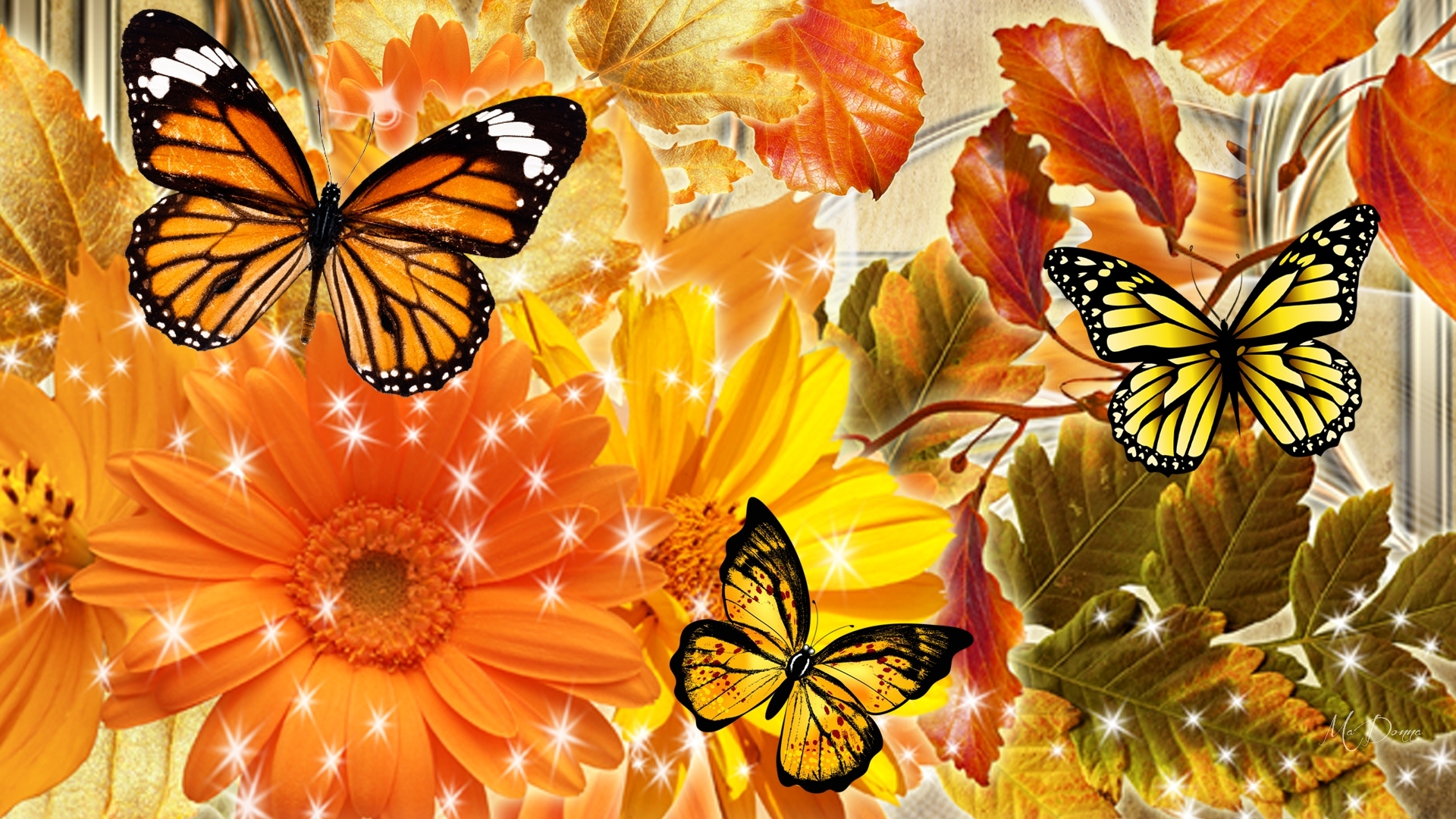 Autumn Flowers And Butterflies By Madonna