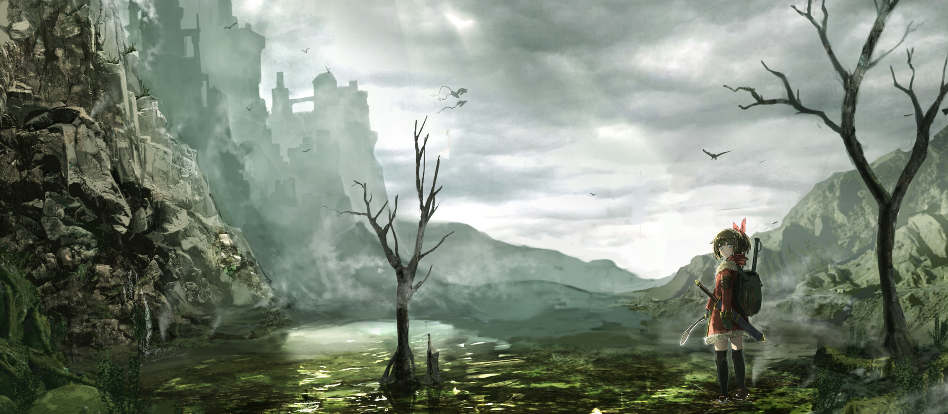 HD anime desktop wallpaper featuring a lone character standing near a barren tree in a misty, desolate landscape with distant mountains and overcast skies.