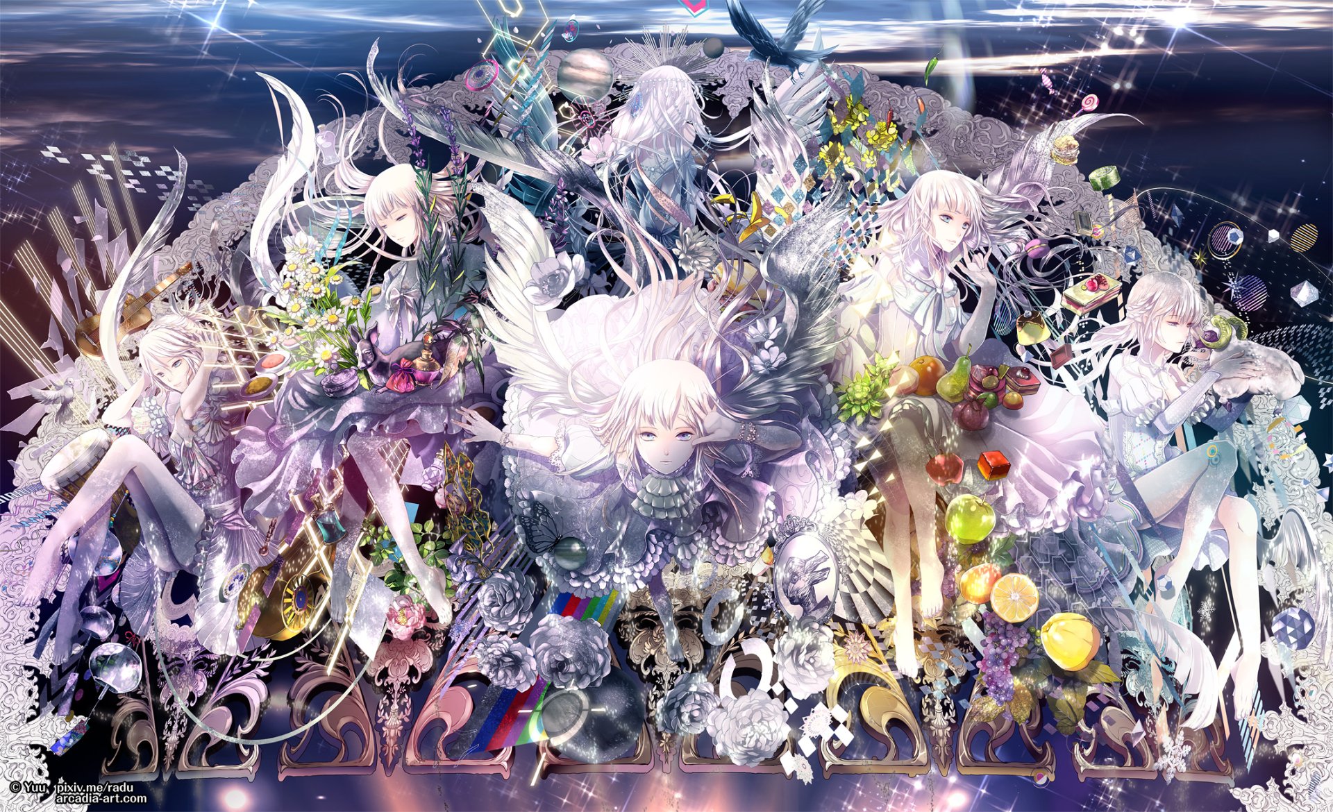 HD anime original desktop wallpaper featuring ethereal, white-haired characters surrounded by intricate floral and cosmic elements in a detailed, vibrant scene.