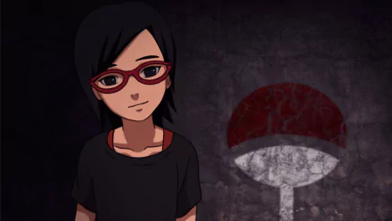 HD desktop wallpaper of Sarada Uchiha from the anime Boruto, featuring Sarada with a neutral expression, wearing red glasses, and standing against a dark background displaying the Uchiha clan symbol.