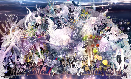 HD anime original desktop wallpaper featuring ethereal, white-haired characters surrounded by intricate floral and cosmic elements in a detailed, vibrant scene.