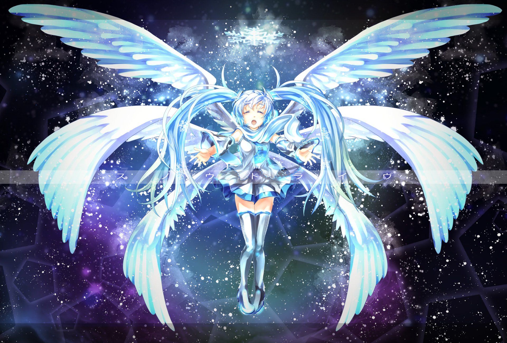 HD PC desktop wallpaper featuring Hatsune Miku from Vocaloid with glowing blue hair, angelic wings, and a cosmic anime background.