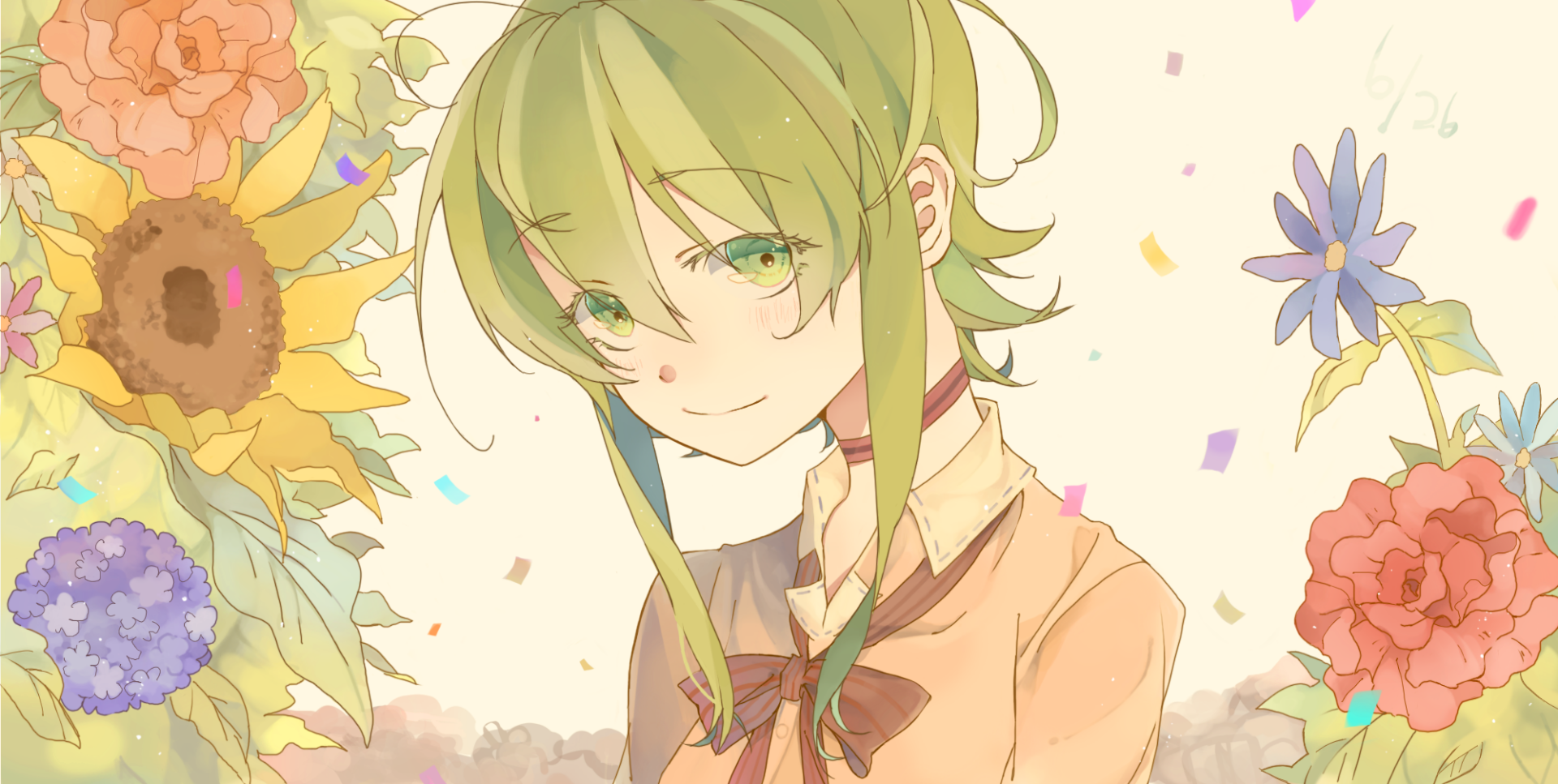 HD PC desktop wallpaper/background of GUMI (Vocaloid), anime-style: green-haired girl smiling among sunflowers and pastel blooms with confetti.