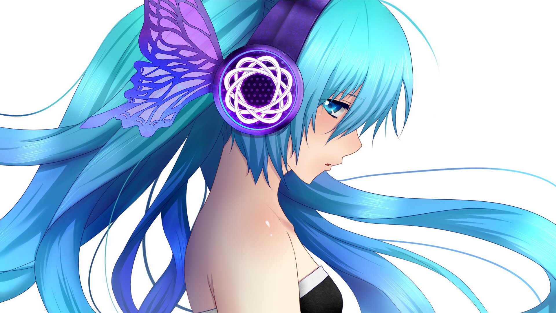HD anime wallpaper featuring Hatsune Miku from Vocaloid with flowing blue hair, violet headphones, and a purple butterfly accessory, inspired by the song Magnet.