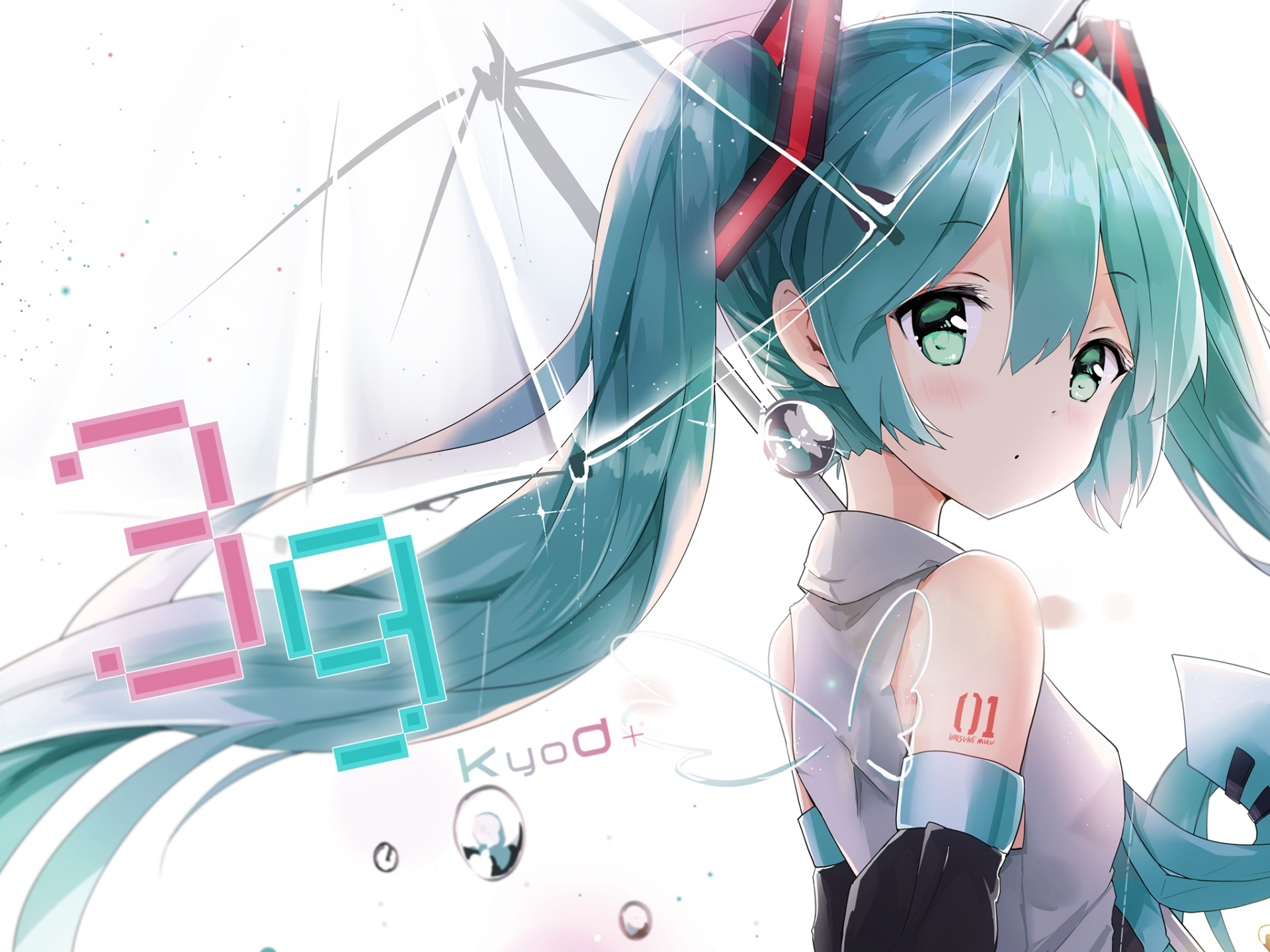 HD desktop wallpaper featuring Hatsune Miku, an Anime Vocaloid character, with her signature teal pigtails and futuristic design elements.