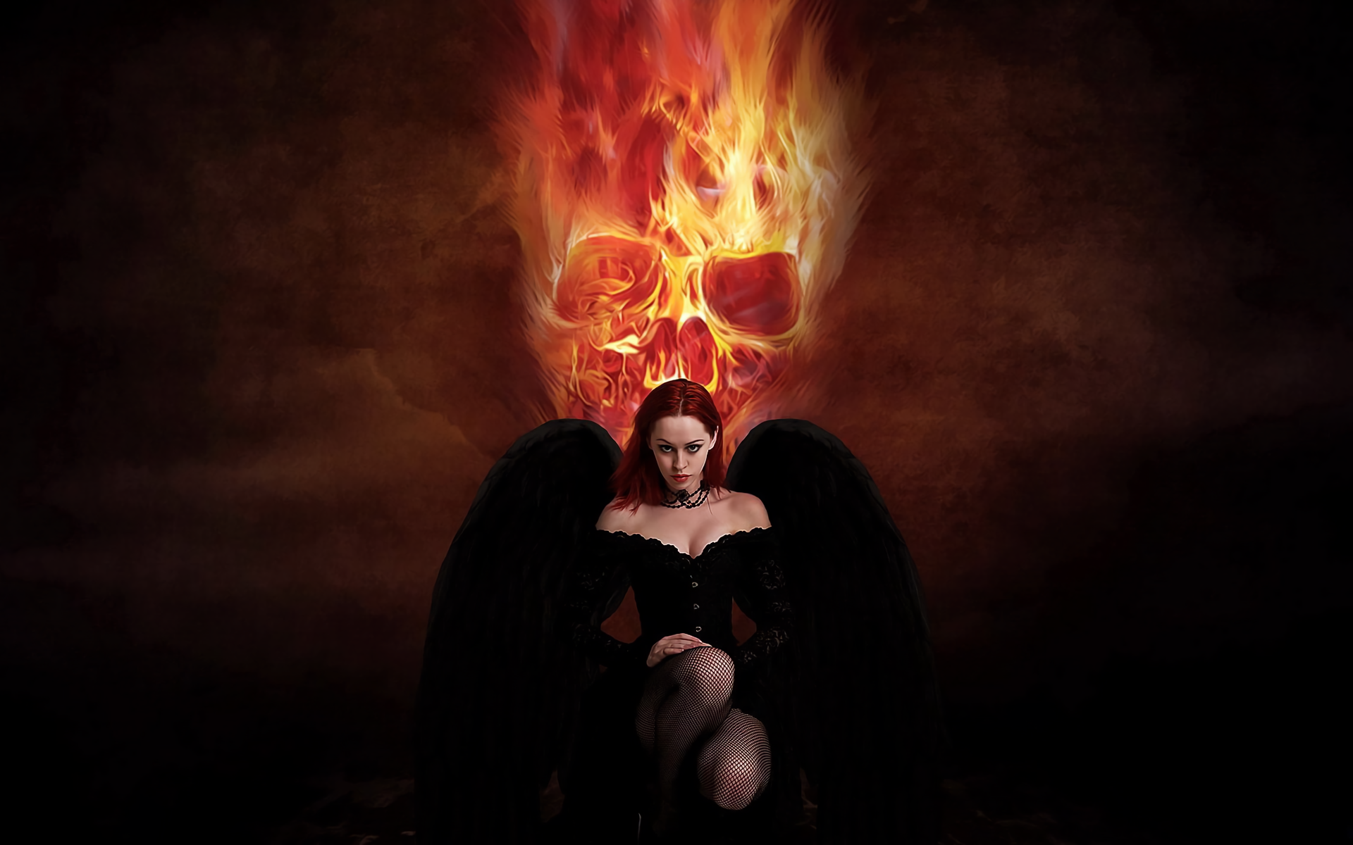 Download Skull Fire Black Wings Gothic Dark Angel  HD Wallpaper