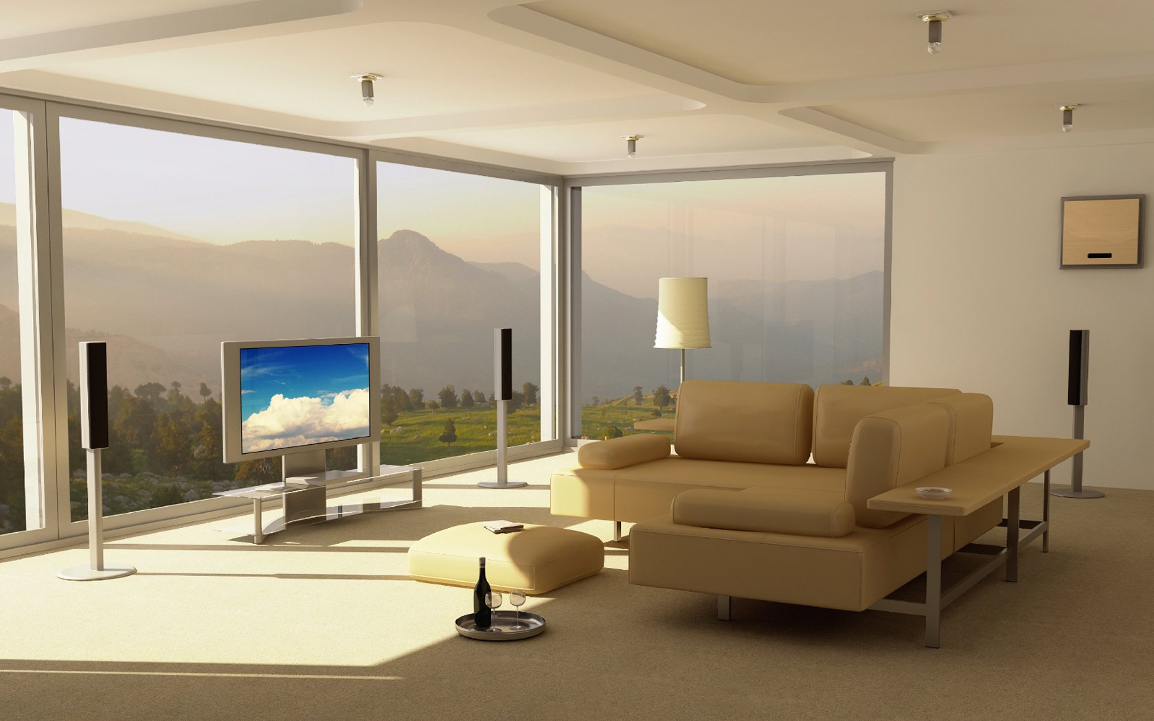 HD desktop wallpaper featuring a modern room with a beige couch, television, and expansive windows offering a scenic view of mountains and nature outside.