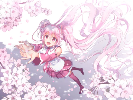 HD PC desktop wallpaper featuring Sakura Miku from Vocaloid, surrounded by delicate cherry blossoms in an anime-style illustration.