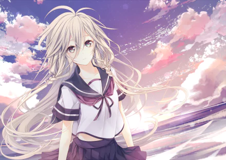 HD desktop wallpaper featuring IA, a Vocaloid character, with white hair in long braids, wearing a school uniform, against a backdrop of a beautiful sunset sky with clouds.