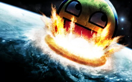 A funny HD desktop wallpaper showing a smiley face crashing into Earth, creating an explosive impact.