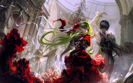 HD desktop wallpaper featuring Len Kagamine, Rin Kagamine, Kaito, and Hatsune Miku in an elegant Gothic ballroom scene inspired by the song Cantarella by Vocaloid. Anime style, intricate design.