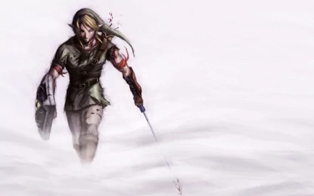 HD desktop wallpaper and background featuring Link from The Legend of Zelda. Link is depicted standing in a misty landscape, holding a sword and shield, with some illustrations of blood on him.