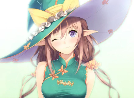 Rinna Mayfield from Shining Resonance winking in a wide-brimmed hat and green dress — anime portrait presented as 5K Ultra HD PC desktop wallpaper.