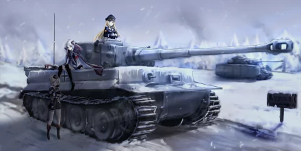 HD desktop wallpaper and background featuring characters from the video game Girls Frontline, with two tanks in a snowy landscape.