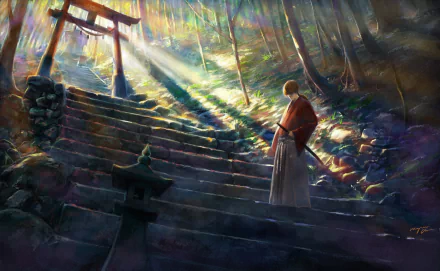 HD desktop wallpaper featuring Kenshin Himura from the anime Rurouni Kenshin, standing on stone steps in a serene forest with sunlight filtering through the trees.