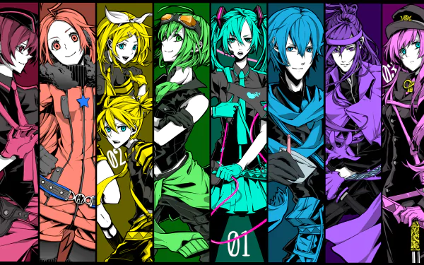 HD PC desktop wallpaper featuring vibrant anime-style portraits of Vocaloid characters including Hatsune Miku, GUMI, Kaito, Luka Megurine, Rin & Len Kagamine, Meiko, Kamui Gakupo, SF-A2 Miki, and Love is War.