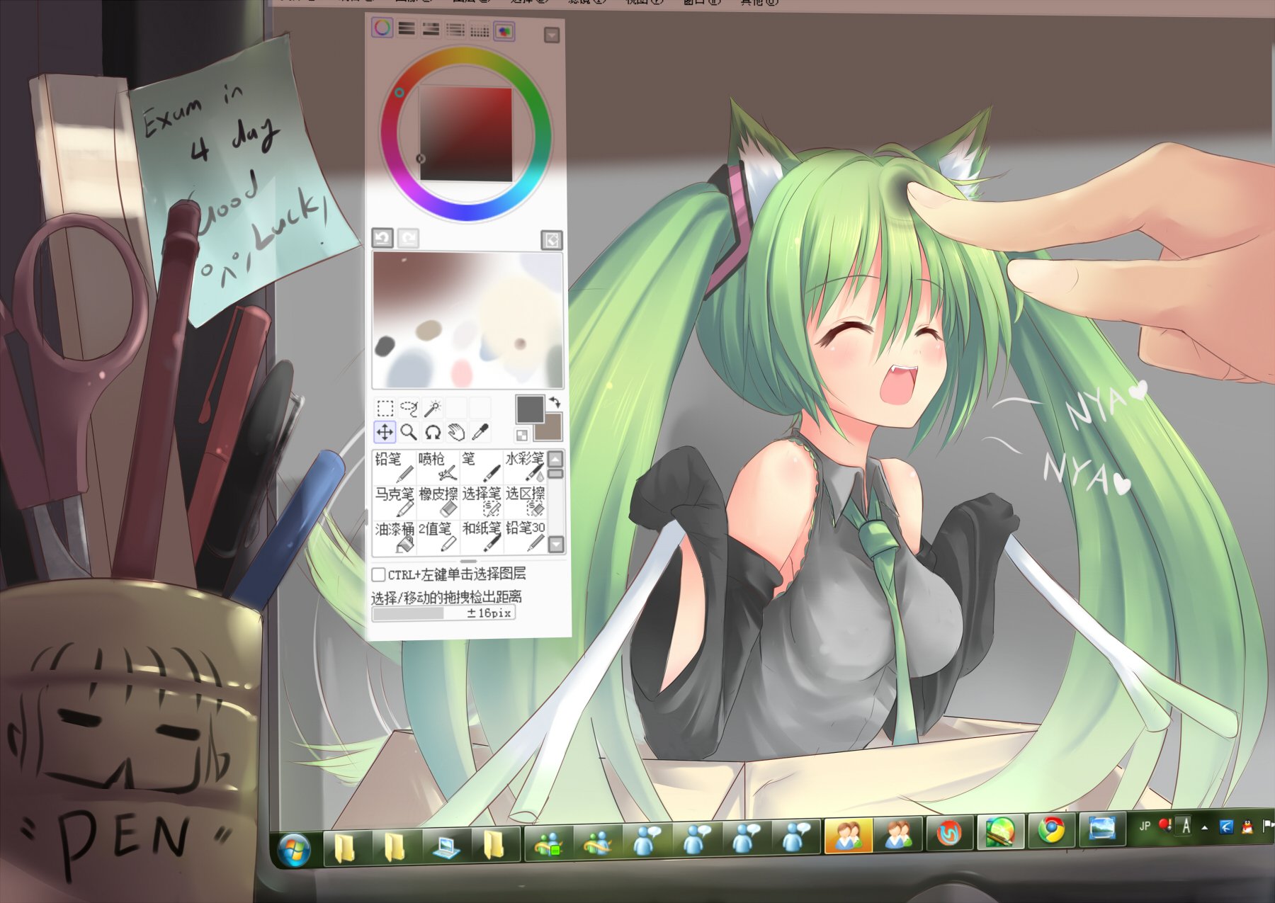 HD anime desktop wallpaper featuring Hatsune Miku with green twin-tails and cat ears, depicted in a cheerful Vocaloid-themed digital art style.