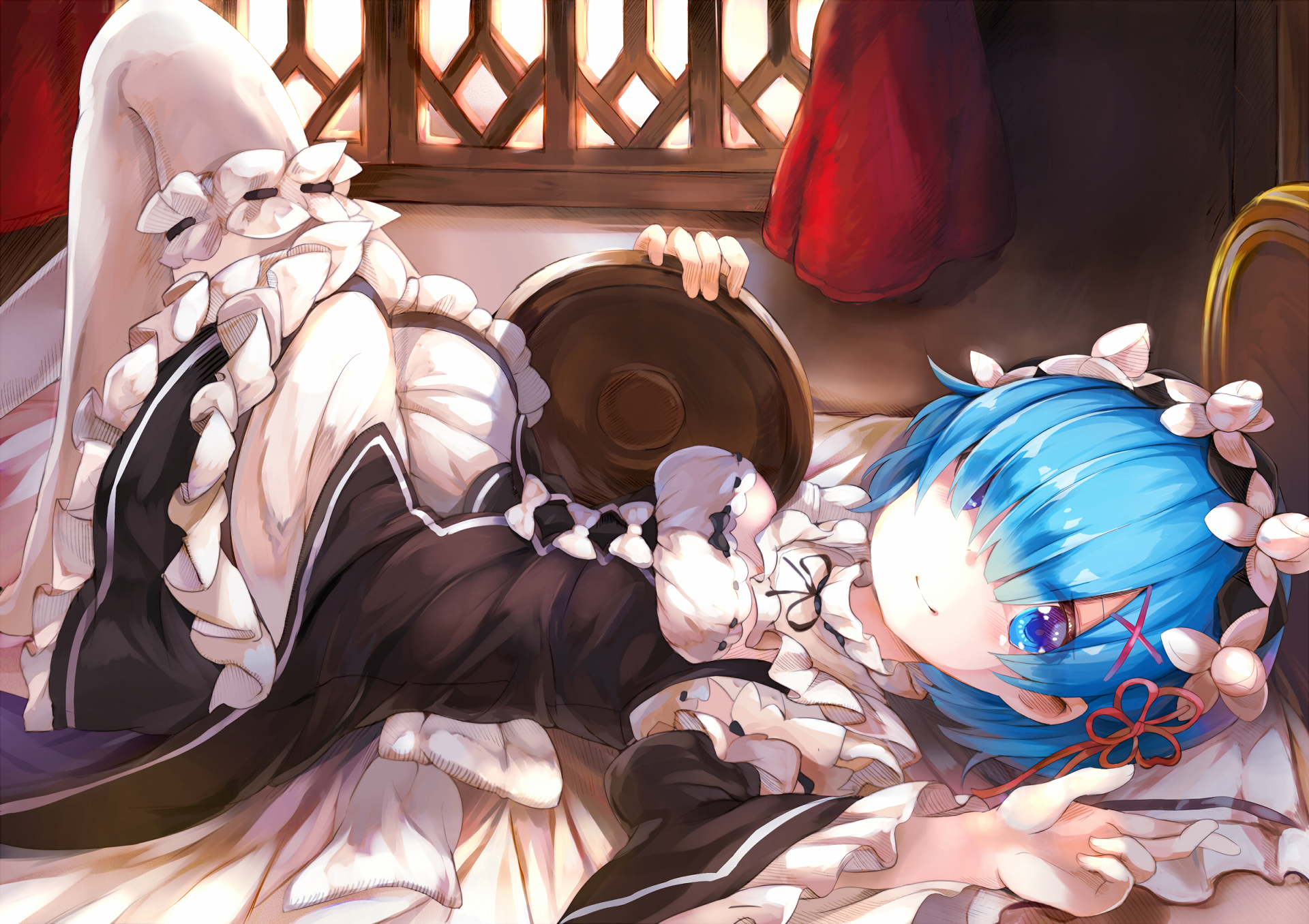 HD desktop wallpaper featuring Rem from the anime Re:ZERO - Starting Life in Another World, depicted in a dynamic and vibrant setting with detailed background elements.