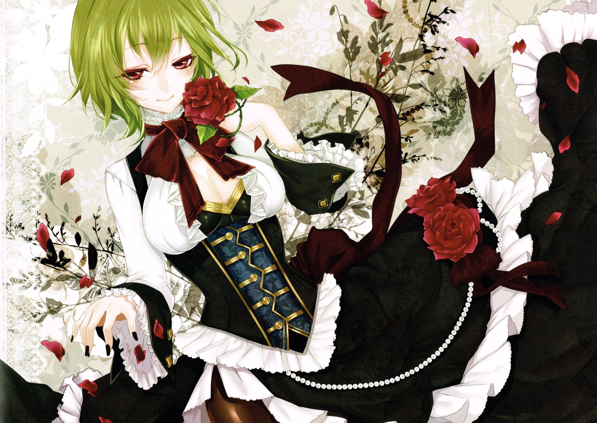 Anime-style Touhou character with green hair and red eyes, dressed in a detailed black and white outfit adorned with red roses, displayed in 4K Ultra HD PC wallpaper quality.