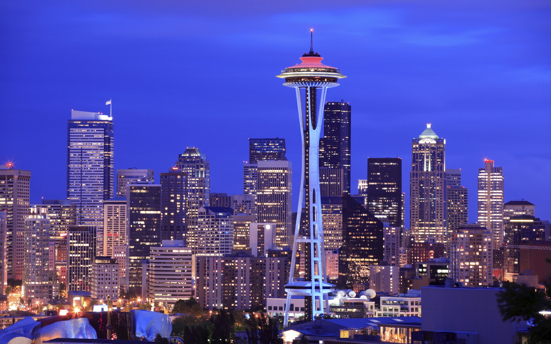 A stunning view of Seattle's skyline at dusk, featuring the iconic Space Needle surrounded by illuminated skyscrapers, creating a vivid urban landscape.