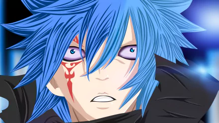 Close-up of Jellal Fernandes from Fairy Tail — intense blue-haired anime portrait with facial tattoo and glowing eyes, HD PC desktop wallpaper background.