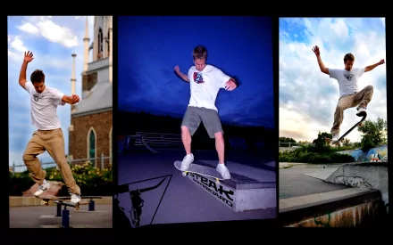 A dynamic HD wallpaper showcasing skateboarding skills, featuring a skateboarder performing tricks in different urban settings, capturing the energy of the sport.