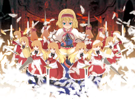 HD PC desktop wallpaper of Alice Margatroid (Touhou) — anime scene: Alice stands center in ornate outfit with many doll doubles wielding swords, candles and floating white feathers.