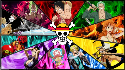 Colorful HD desktop wallpaper featuring characters from the anime One Piece: Tony Tony Chopper, Nico Robin, Brook, Franky, Roronoa Zoro, Usopp, Sanji, Nami, and Monkey D. Luffy, centered around the Straw Hat Pirates' skull logo.